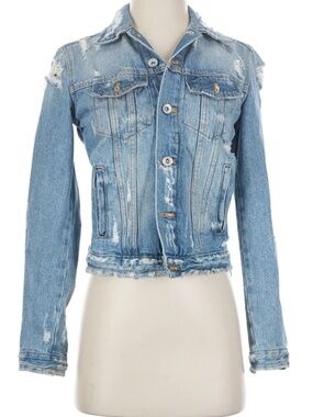 Zara Trafaluc Jeans Jacket Womens S Blue StoneWash Distressed Denim Button Up